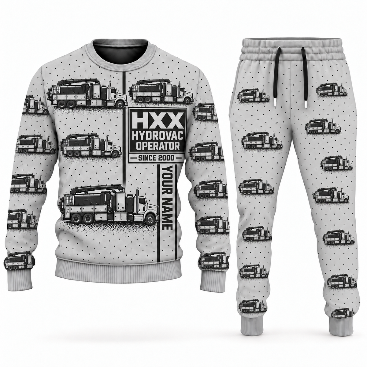 Personalized TRUVAC HXX Truck-Mounted Hydrovac Combo Sweater + Jogger in lightgray, sweater and jogger artwork with YOUR NAME and SINCE 2000 sample text.