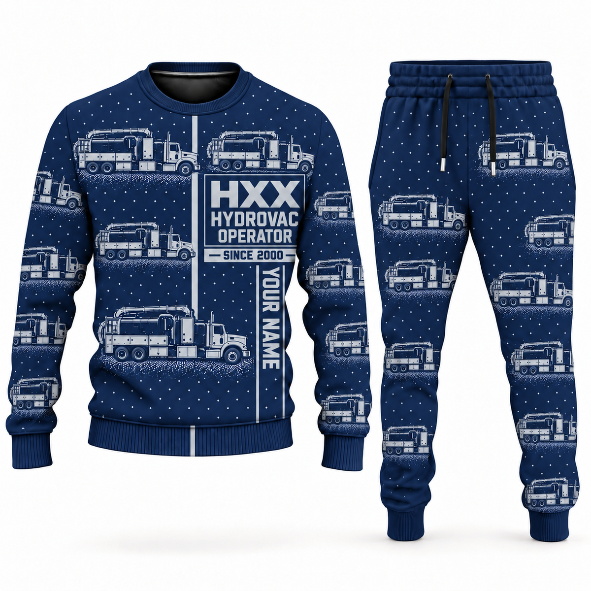 Personalized TRUVAC HXX Truck-Mounted Hydrovac Combo Sweater + Jogger in navy, sweater and jogger artwork with YOUR NAME and SINCE 2000 sample text.
