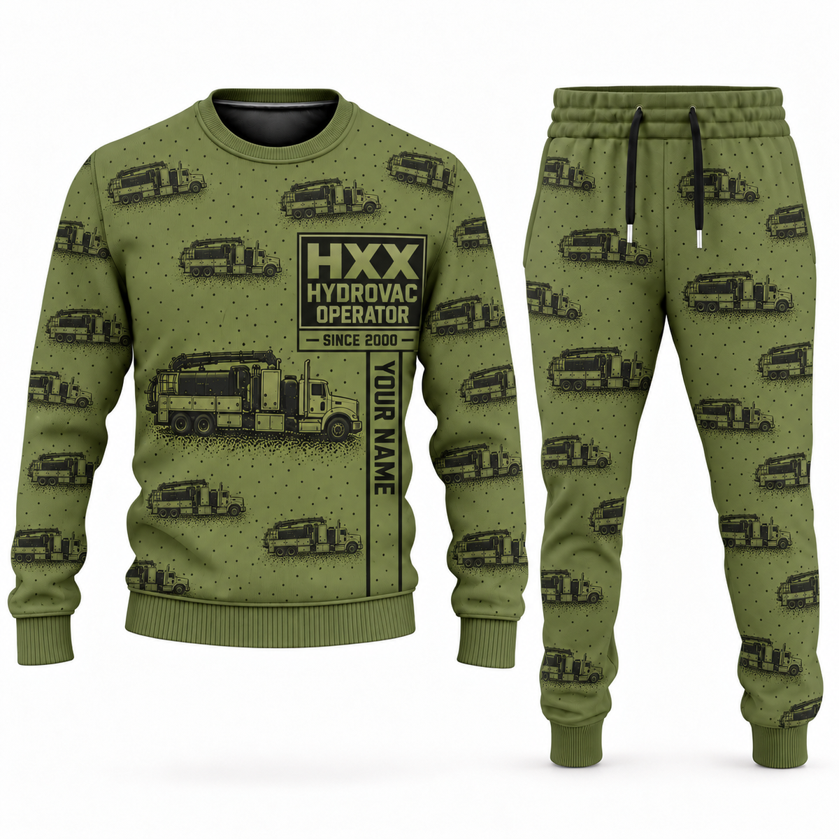 Personalized TRUVAC HXX Truck-Mounted Hydrovac Combo Sweater + Jogger in olive, sweater and jogger artwork with YOUR NAME and SINCE 2000 sample text.