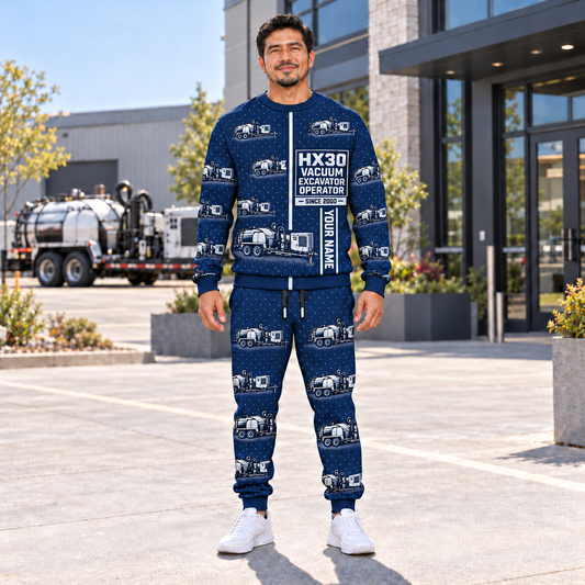 Personalized Ditch Witch HX30 Trailer Vacuum Excavator Combo Sweater + Jogger in Navy, sweater and jogger artwork with YOUR NAME and SINCE 2000 sample text.