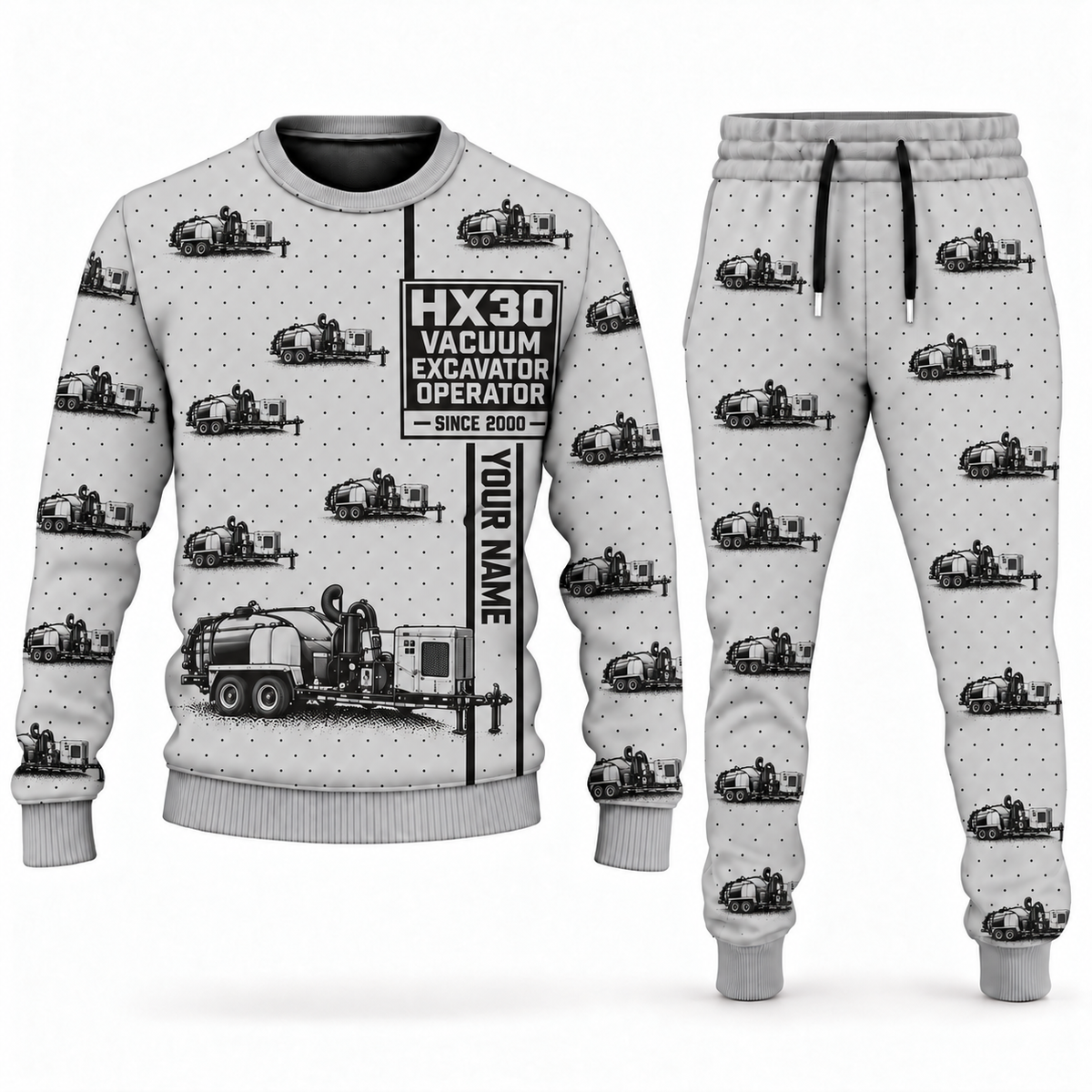 Personalized Ditch Witch HX30 Trailer Vacuum Excavator Combo Sweater + Jogger in lightgray, sweater and jogger artwork with YOUR NAME and SINCE 2000 sample text.
