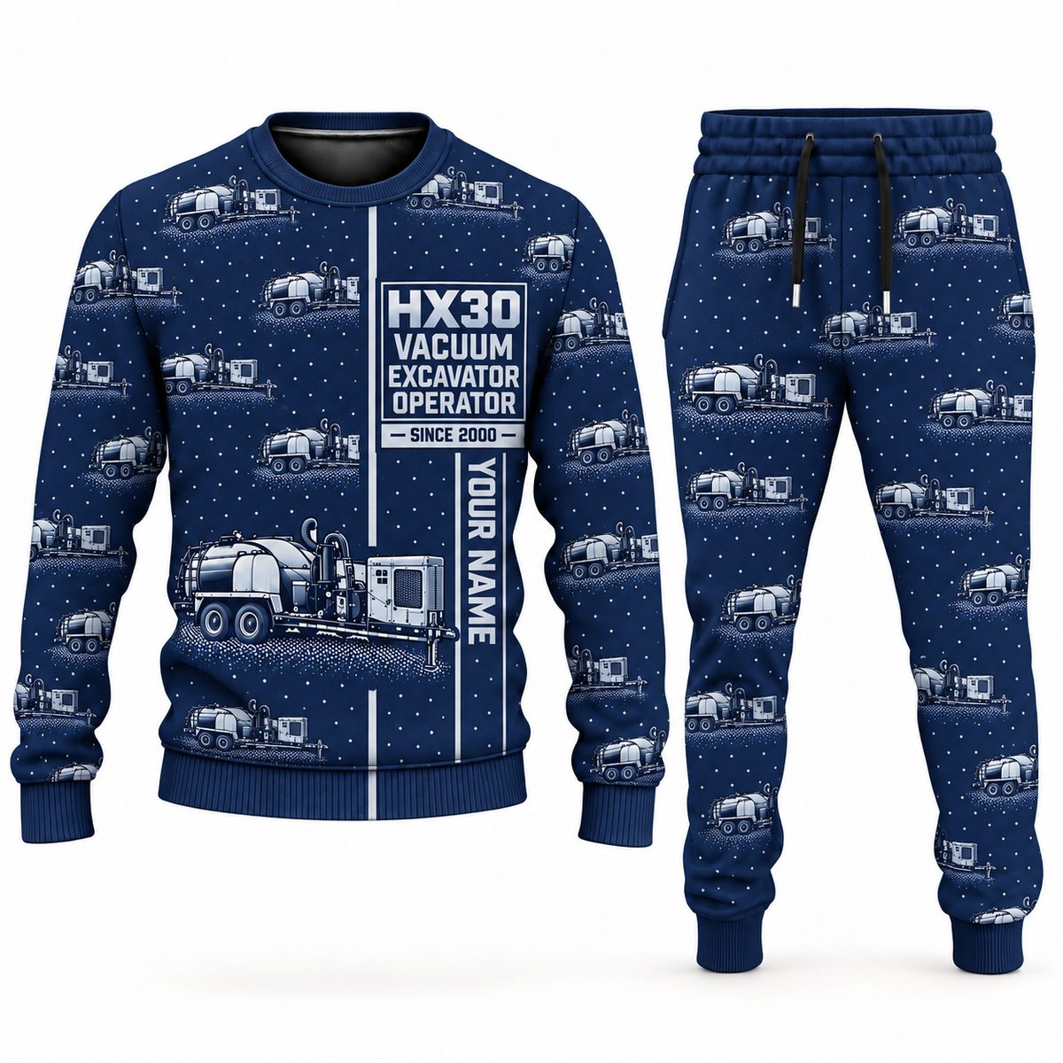 Personalized Ditch Witch HX30 Trailer Vacuum Excavator Combo Sweater + Jogger in navy, sweater and jogger artwork with YOUR NAME and SINCE 2000 sample text.