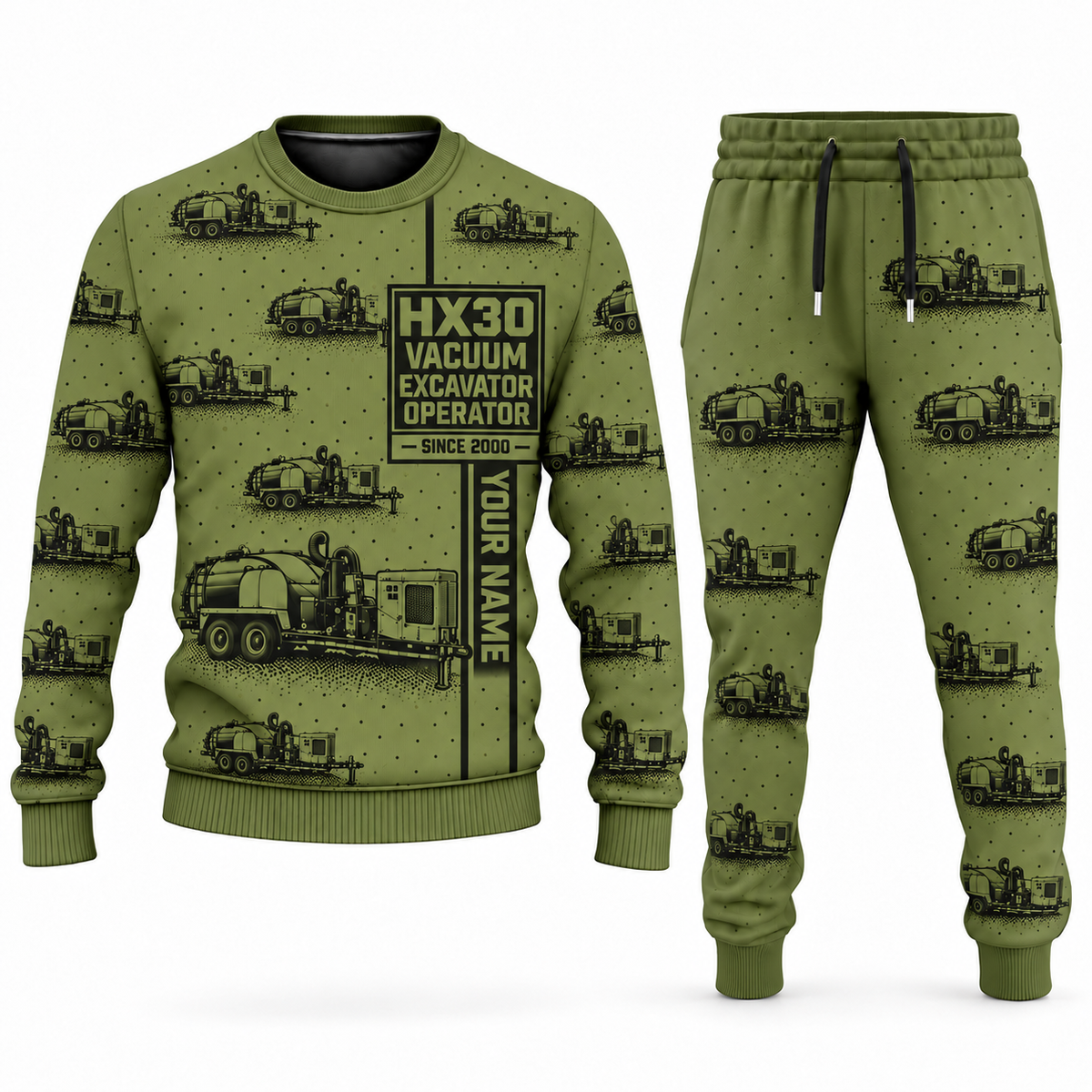 Personalized Ditch Witch HX30 Trailer Vacuum Excavator Combo Sweater + Jogger in olive, sweater and jogger artwork with YOUR NAME and SINCE 2000 sample text.