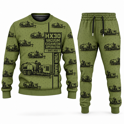 Personalized Ditch Witch HX30 Trailer Vacuum Excavator Combo Sweater + Jogger in olive, sweater and jogger artwork with YOUR NAME and SINCE 2000 sample text.