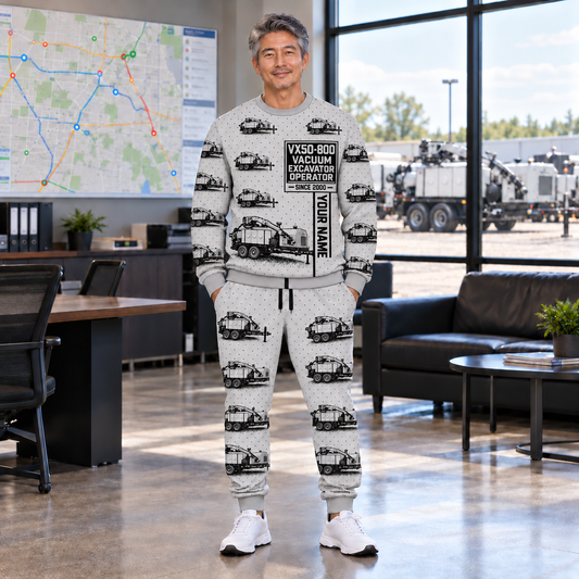 Personalized Vermeer VX50-800 Trailer Vacuum Excavator Combo Sweater + Jogger in Light Gray, sweater and jogger artwork with YOUR NAME and SINCE 2000 sample text.
