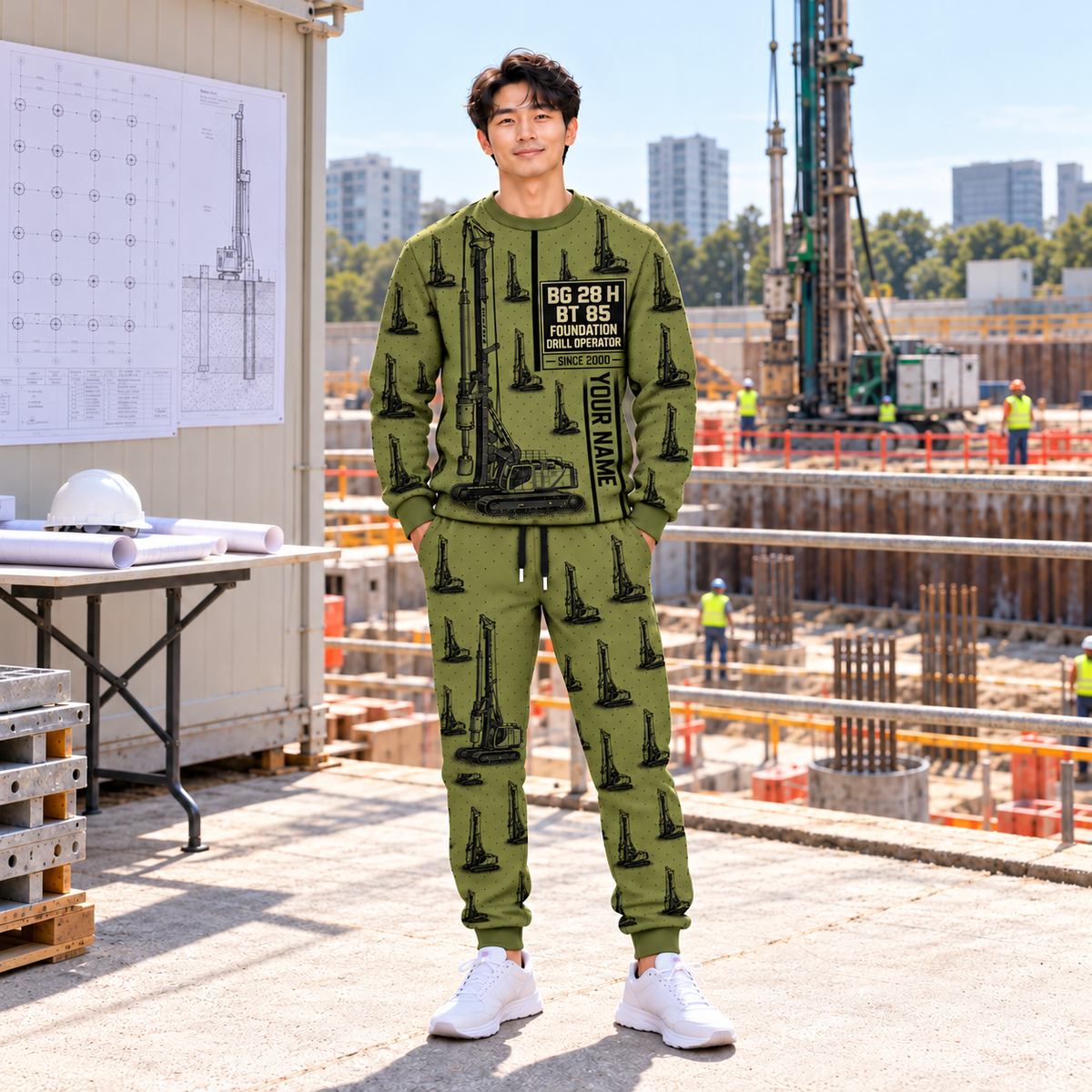 Personalized Bauer BG 28 H BT 85 Foundation Drilling Rig Combo Sweater + Jogger in Olive, sweater and jogger artwork with YOUR NAME and SINCE 2000 sample text.