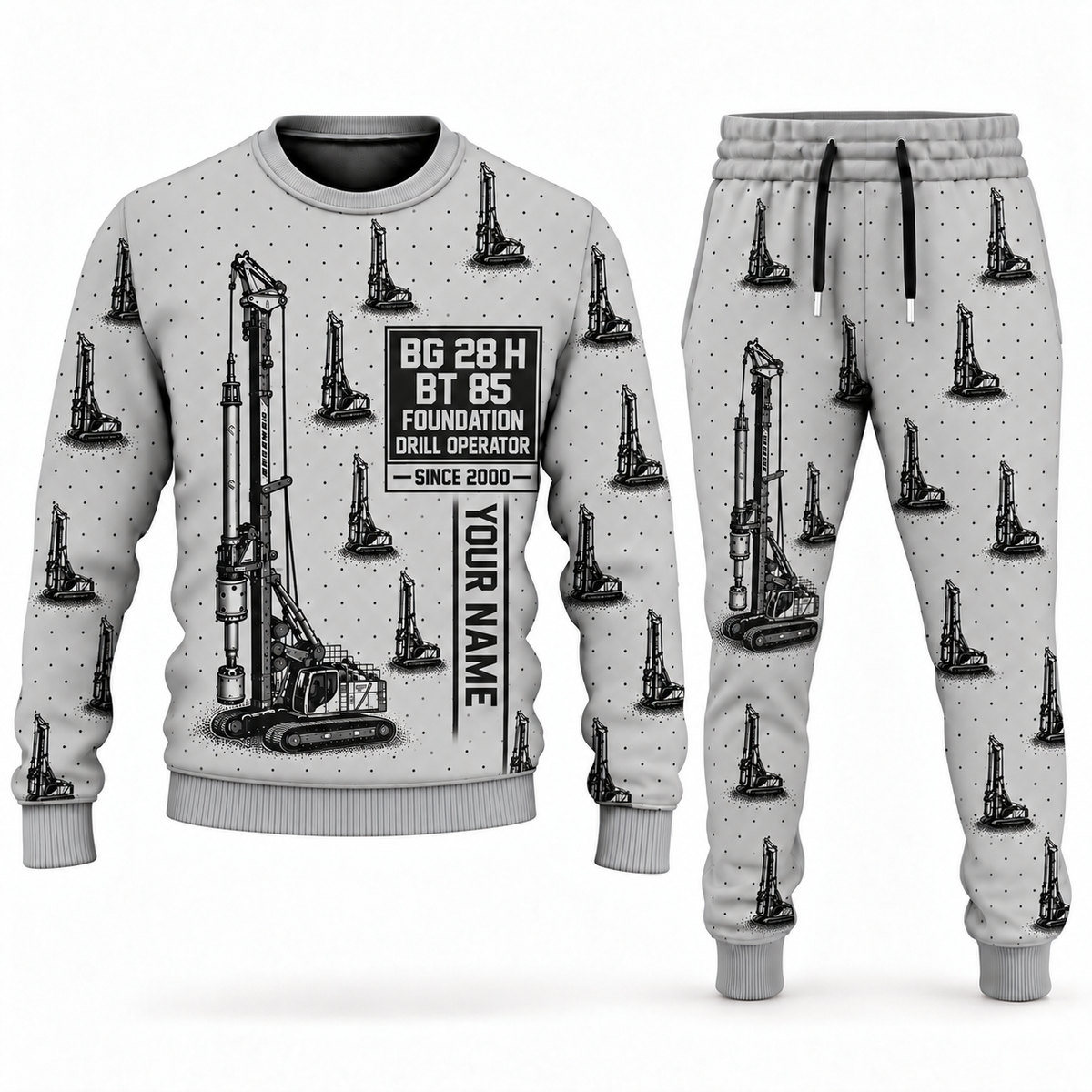 Personalized Bauer BG 28 H BT 85 Foundation Drilling Rig Combo Sweater + Jogger in lightgray, sweater and jogger artwork with YOUR NAME and SINCE 2000 sample text.