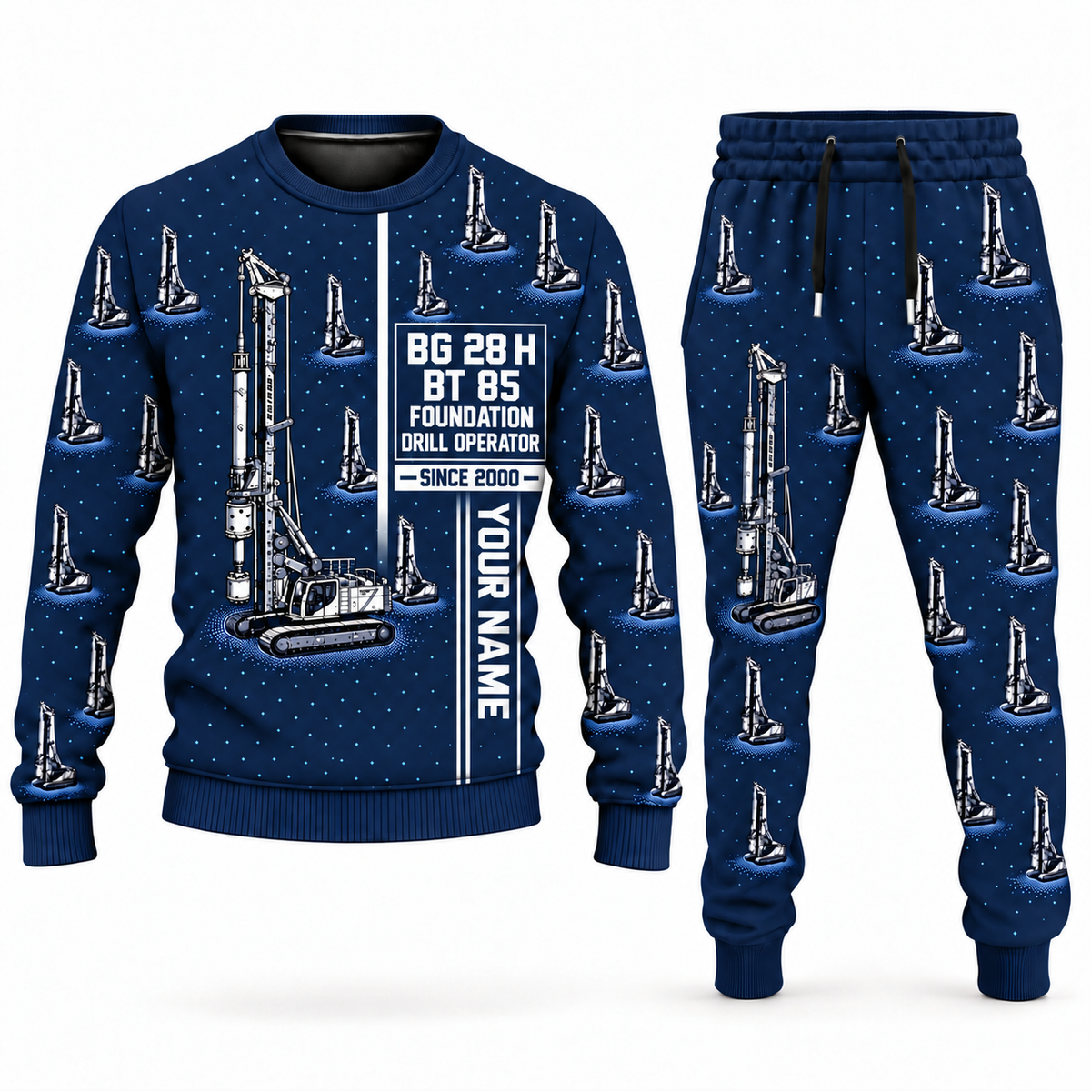 Personalized Bauer BG 28 H BT 85 Foundation Drilling Rig Combo Sweater + Jogger in navy, sweater and jogger artwork with YOUR NAME and SINCE 2000 sample text.