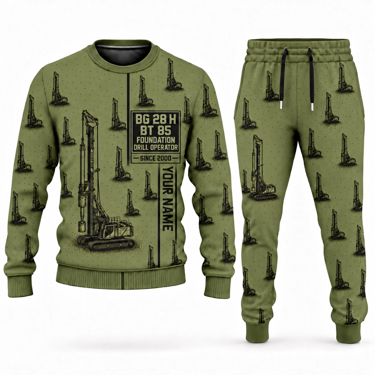 Personalized Bauer BG 28 H BT 85 Foundation Drilling Rig Combo Sweater + Jogger in olive, sweater and jogger artwork with YOUR NAME and SINCE 2000 sample text.