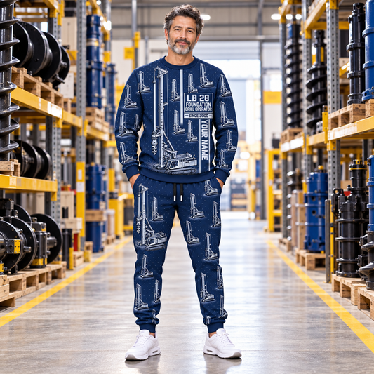 Personalized Liebherr LB 28 Foundation Drilling Rig Combo Sweater + Jogger in Navy, sweater and jogger artwork with YOUR NAME and SINCE 2000 sample text.