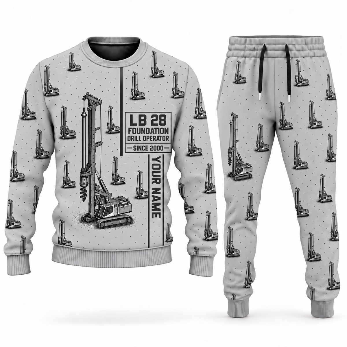 Personalized Liebherr LB 28 Foundation Drilling Rig Combo Sweater + Jogger in lightgray, sweater and jogger artwork with YOUR NAME and SINCE 2000 sample text.