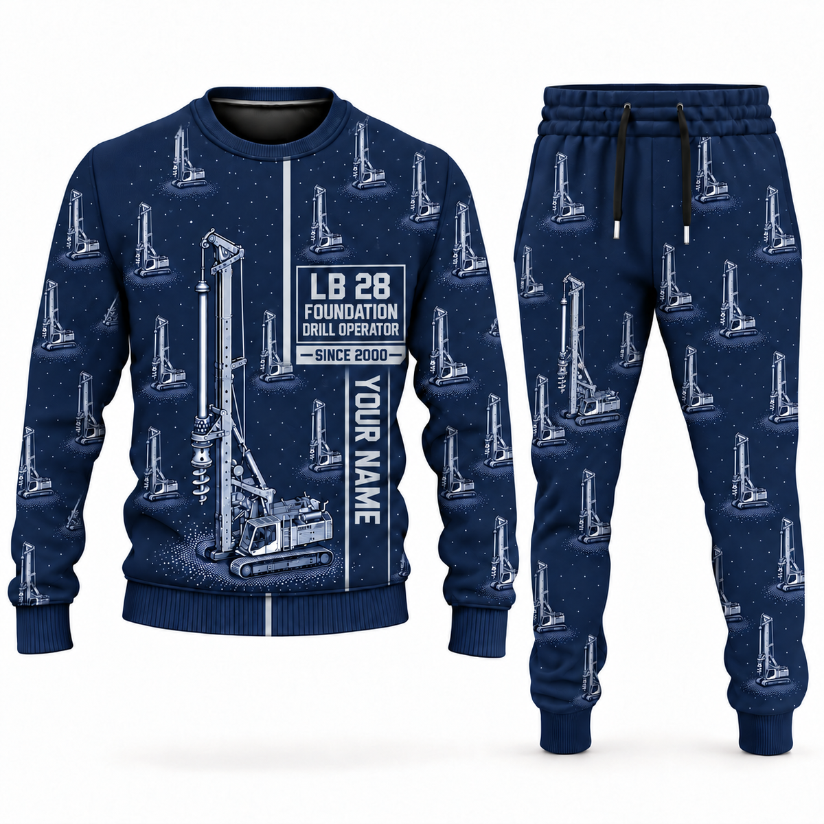 Personalized Liebherr LB 28 Foundation Drilling Rig Combo Sweater + Jogger in navy, sweater and jogger artwork with YOUR NAME and SINCE 2000 sample text.