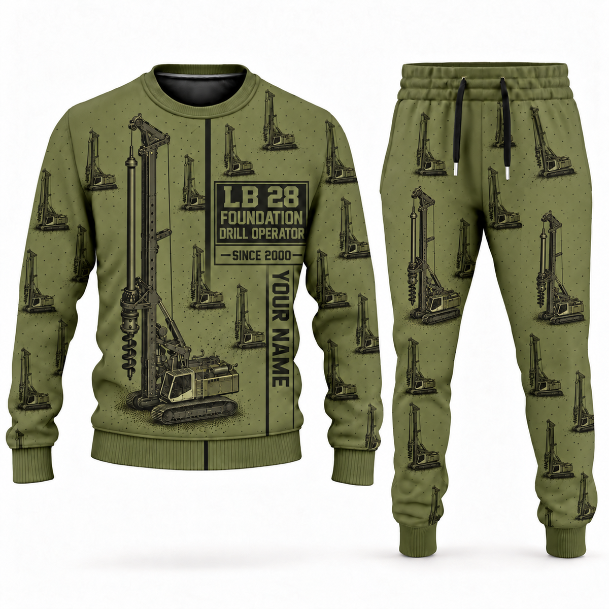Personalized Liebherr LB 28 Foundation Drilling Rig Combo Sweater + Jogger in olive, sweater and jogger artwork with YOUR NAME and SINCE 2000 sample text.