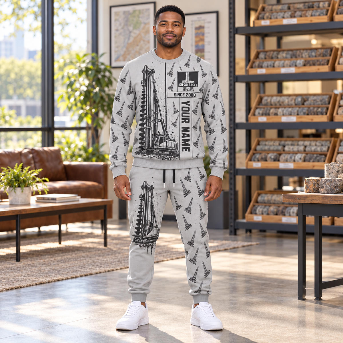 Personalized Soilmec SR-30 Eagle Foundation Drilling Rig Combo Sweater + Jogger in Light Gray, sweater and jogger artwork with YOUR NAME and SINCE 2000 sample text.