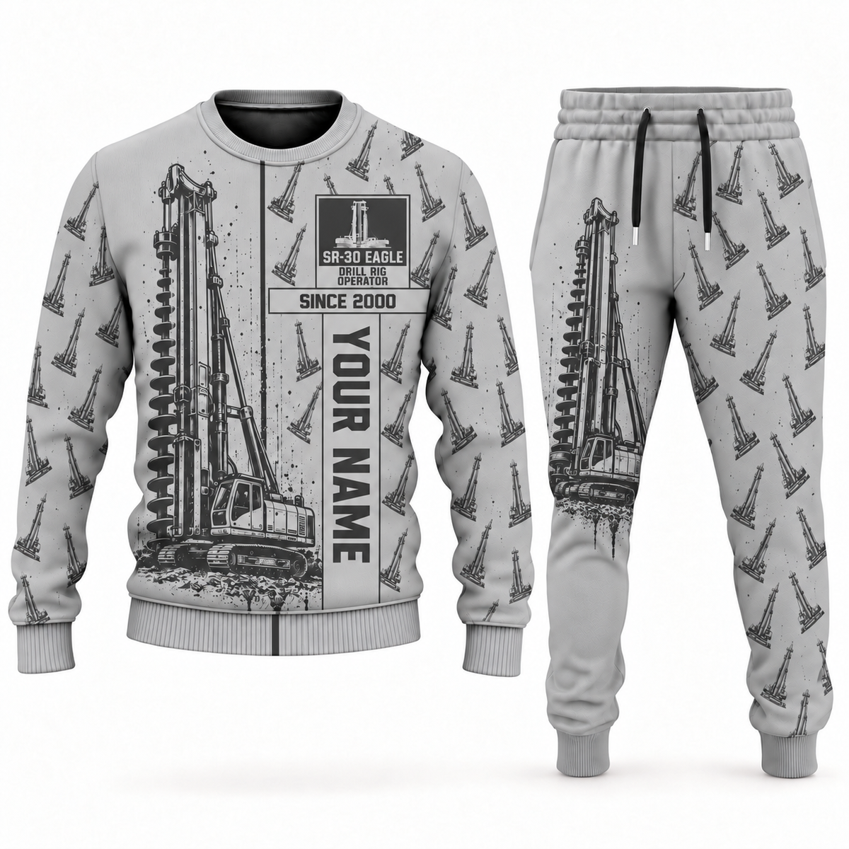 Personalized Soilmec SR-30 Eagle Foundation Drilling Rig Combo Sweater + Jogger in lightgray, sweater and jogger artwork with YOUR NAME and SINCE 2000 sample text.