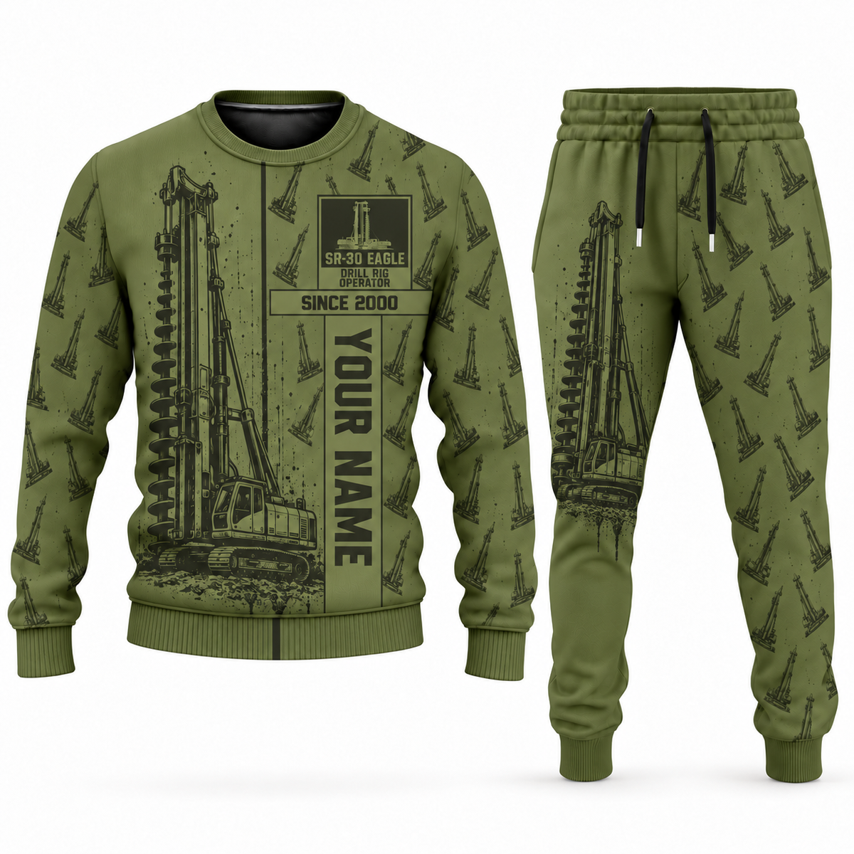 Personalized Soilmec SR-30 Eagle Foundation Drilling Rig Combo Sweater + Jogger in olive, sweater and jogger artwork with YOUR NAME and SINCE 2000 sample text.