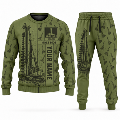 Personalized Soilmec SR-30 Eagle Foundation Drilling Rig Combo Sweater + Jogger in olive, sweater and jogger artwork with YOUR NAME and SINCE 2000 sample text.