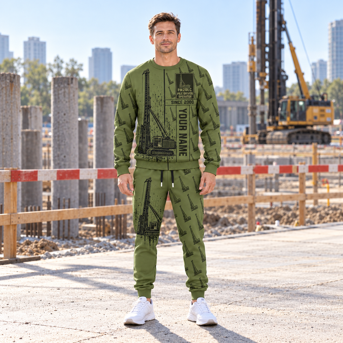 Personalized Junttan PM20LC Pile Driver Combo Sweater + Jogger in Olive, sweater and jogger artwork with YOUR NAME and SINCE 2000 sample text.