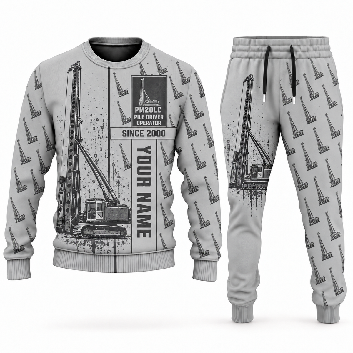 Personalized Junttan PM20LC Pile Driver Combo Sweater + Jogger in lightgray, sweater and jogger artwork with YOUR NAME and SINCE 2000 sample text.