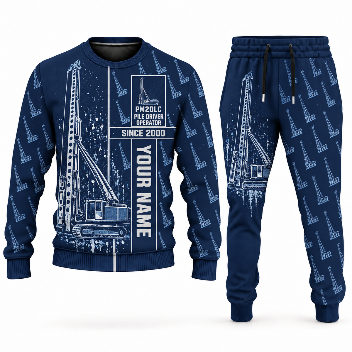 Personalized Junttan PM20LC Pile Driver Combo Sweater + Jogger in navy, sweater and jogger artwork with YOUR NAME and SINCE 2000 sample text.