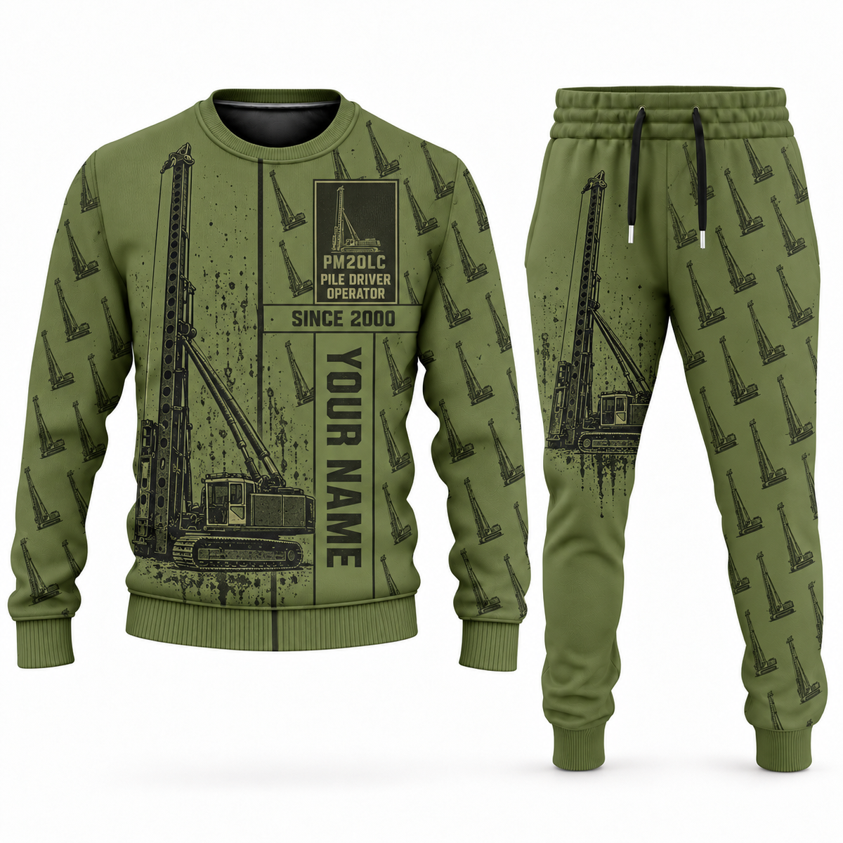 Personalized Junttan PM20LC Pile Driver Combo Sweater + Jogger in olive, sweater and jogger artwork with YOUR NAME and SINCE 2000 sample text.