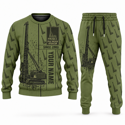 Personalized Junttan PM20LC Pile Driver Combo Sweater + Jogger in olive, sweater and jogger artwork with YOUR NAME and SINCE 2000 sample text.