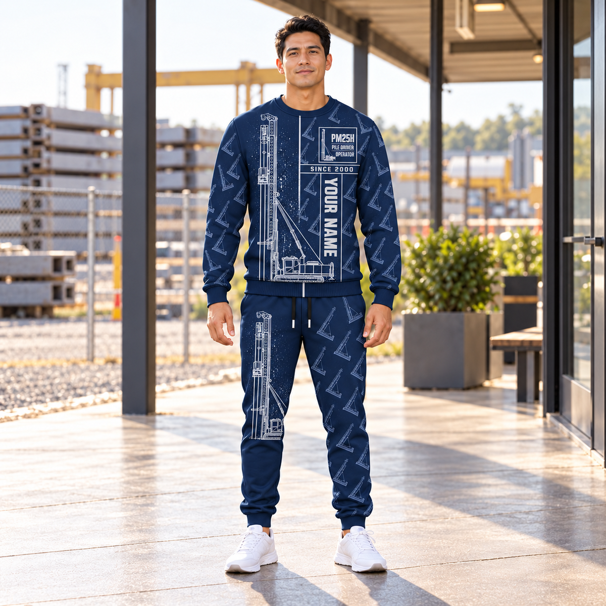 Personalized Junttan PM25H Pile Driver Combo Sweater + Jogger in Navy, sweater and jogger artwork with YOUR NAME and SINCE 2000 sample text.