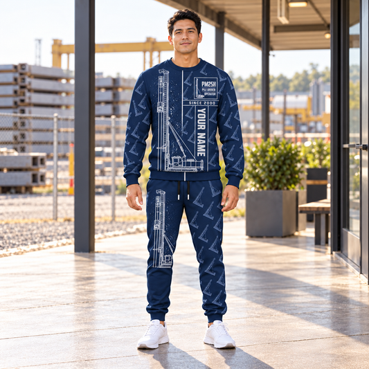 Personalized Junttan PM25H Pile Driver Combo Sweater + Jogger in Navy, sweater and jogger artwork with YOUR NAME and SINCE 2000 sample text.