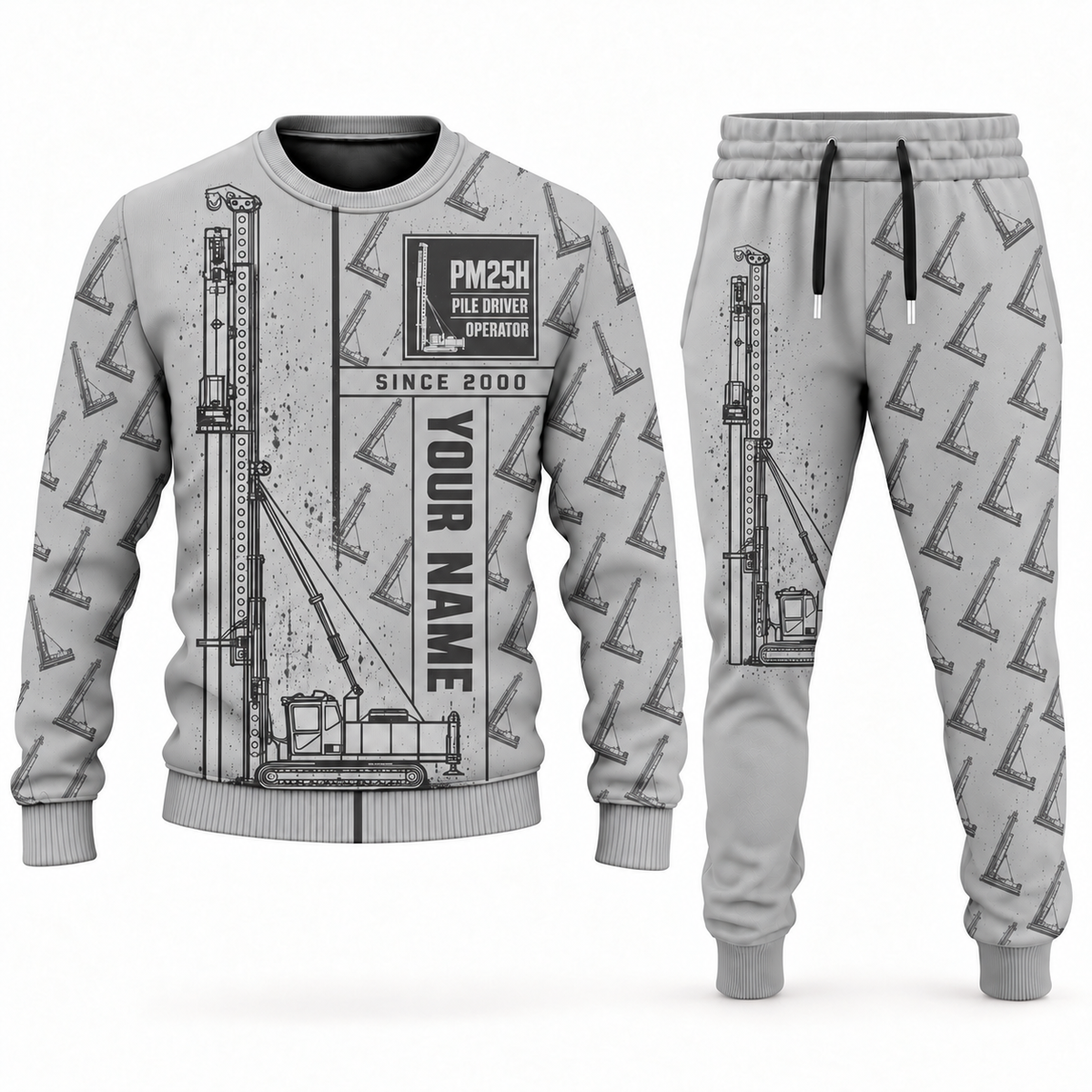 Personalized Junttan PM25H Pile Driver Combo Sweater + Jogger in lightgray, sweater and jogger artwork with YOUR NAME and SINCE 2000 sample text.