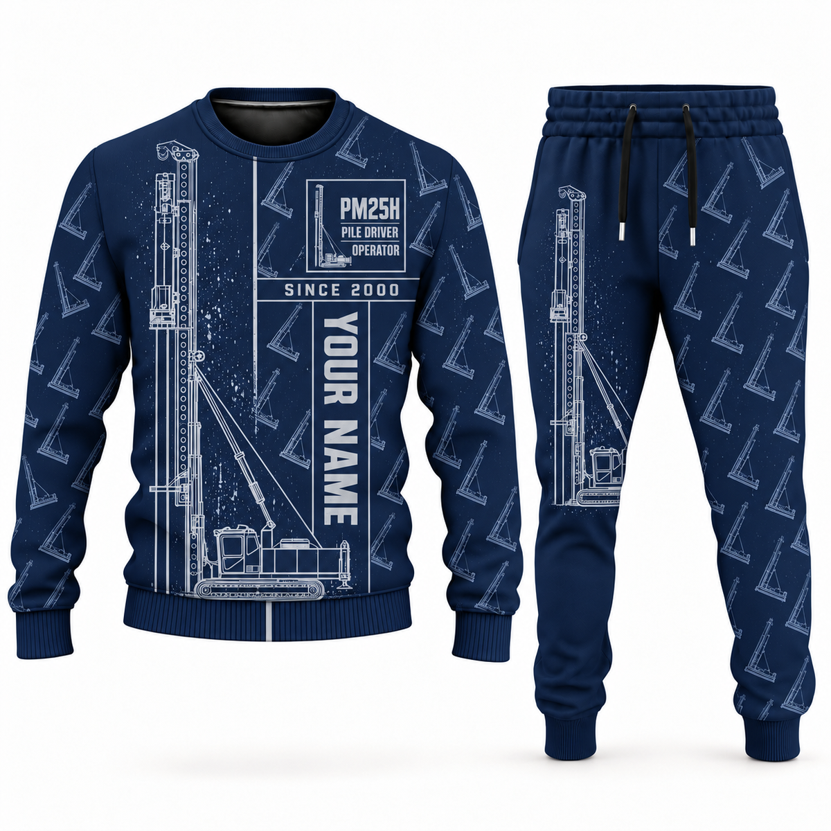 Personalized Junttan PM25H Pile Driver Combo Sweater + Jogger in navy, sweater and jogger artwork with YOUR NAME and SINCE 2000 sample text.