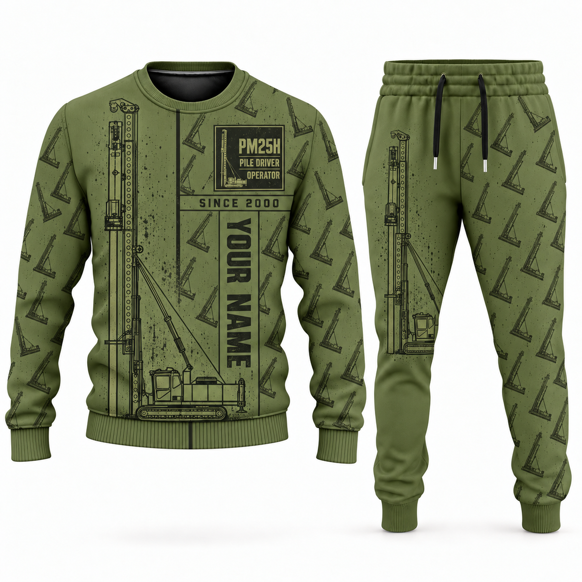 Personalized Junttan PM25H Pile Driver Combo Sweater + Jogger in olive, sweater and jogger artwork with YOUR NAME and SINCE 2000 sample text.
