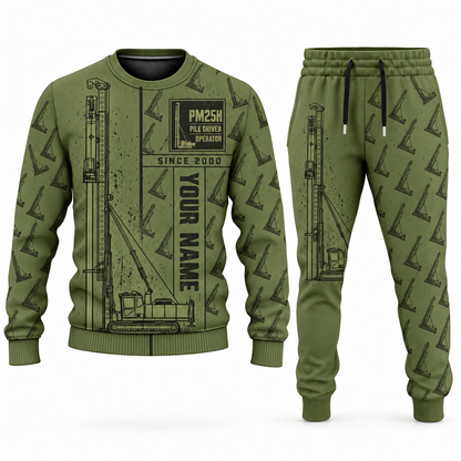 Personalized Junttan PM25H Pile Driver Combo Sweater + Jogger in olive, sweater and jogger artwork with YOUR NAME and SINCE 2000 sample text.