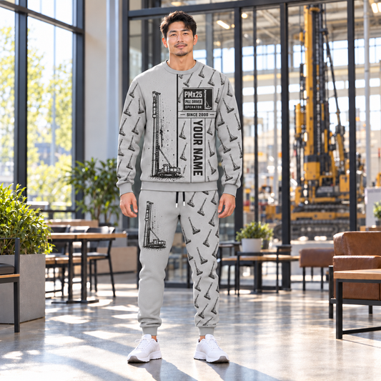 Personalized Junttan PMx25 Pile Driver Combo Sweater + Jogger in Light Gray, sweater and jogger artwork with YOUR NAME and SINCE 2000 sample text.