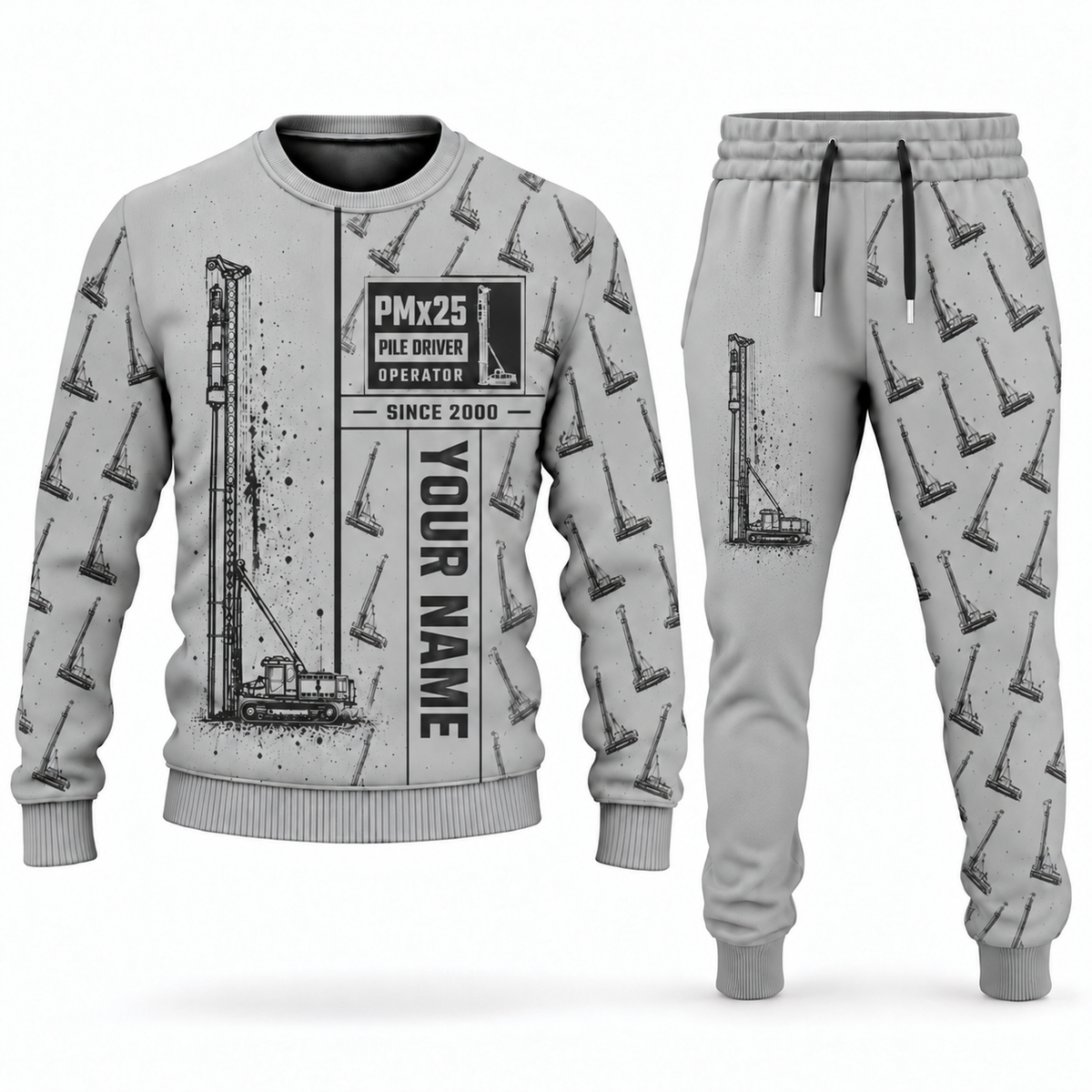 Personalized Junttan PMx25 Pile Driver Combo Sweater + Jogger in lightgray, sweater and jogger artwork with YOUR NAME and SINCE 2000 sample text.