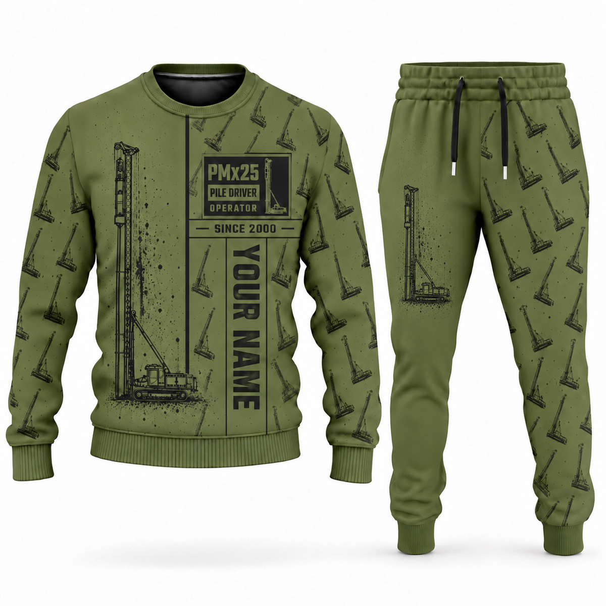 Personalized Junttan PMx25 Pile Driver Combo Sweater + Jogger in olive, sweater and jogger artwork with YOUR NAME and SINCE 2000 sample text.