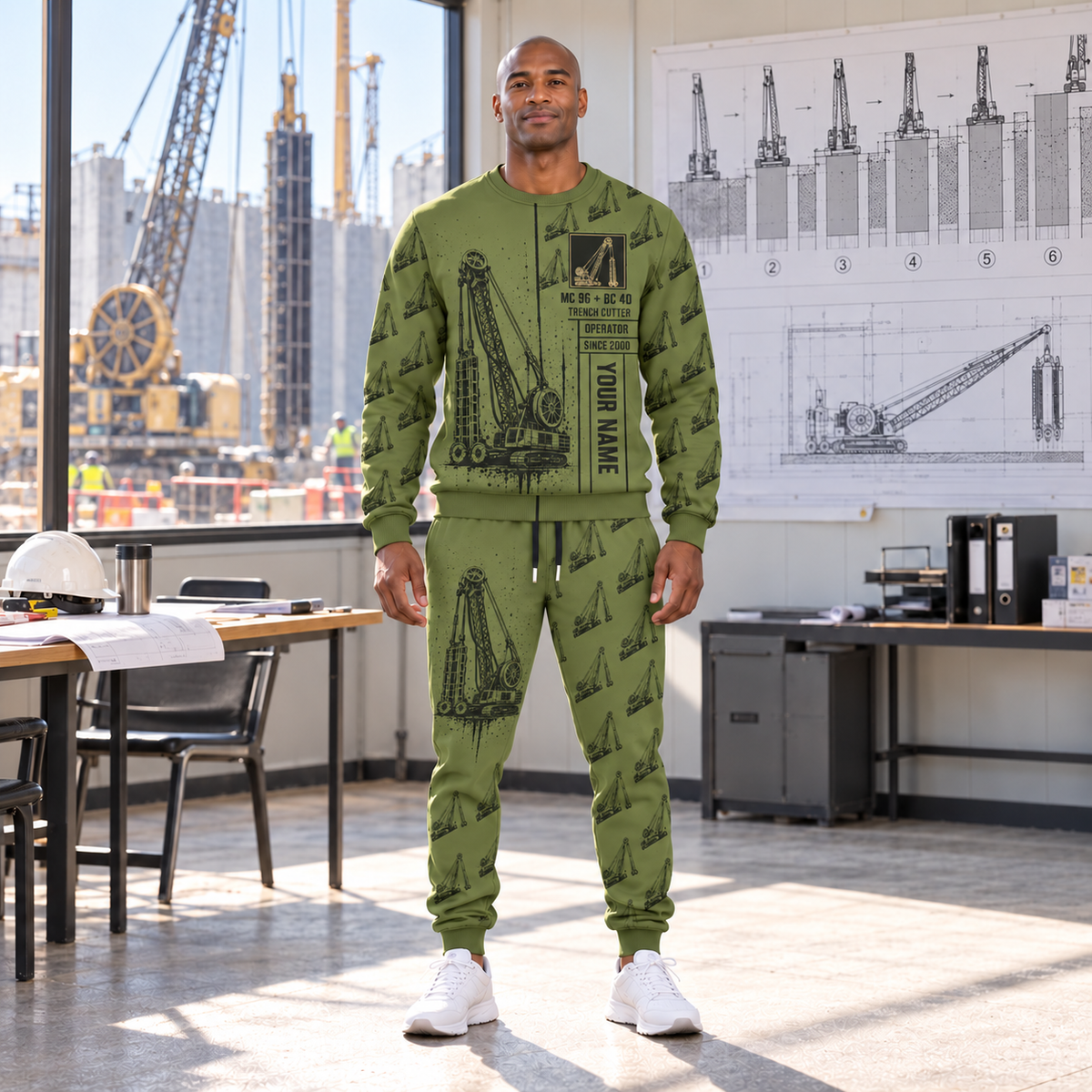 Personalized Bauer MC 96 with BC 40 Diaphragm Wall Machine Combo Sweater + Jogger in Olive, sweater and jogger artwork with YOUR NAME and SINCE 2000 sample text.