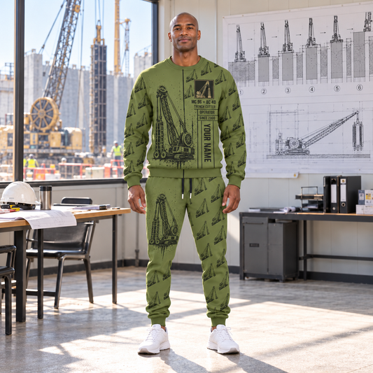 Personalized Bauer MC 96 with BC 40 Diaphragm Wall Machine Combo Sweater + Jogger in Olive, sweater and jogger artwork with YOUR NAME and SINCE 2000 sample text.