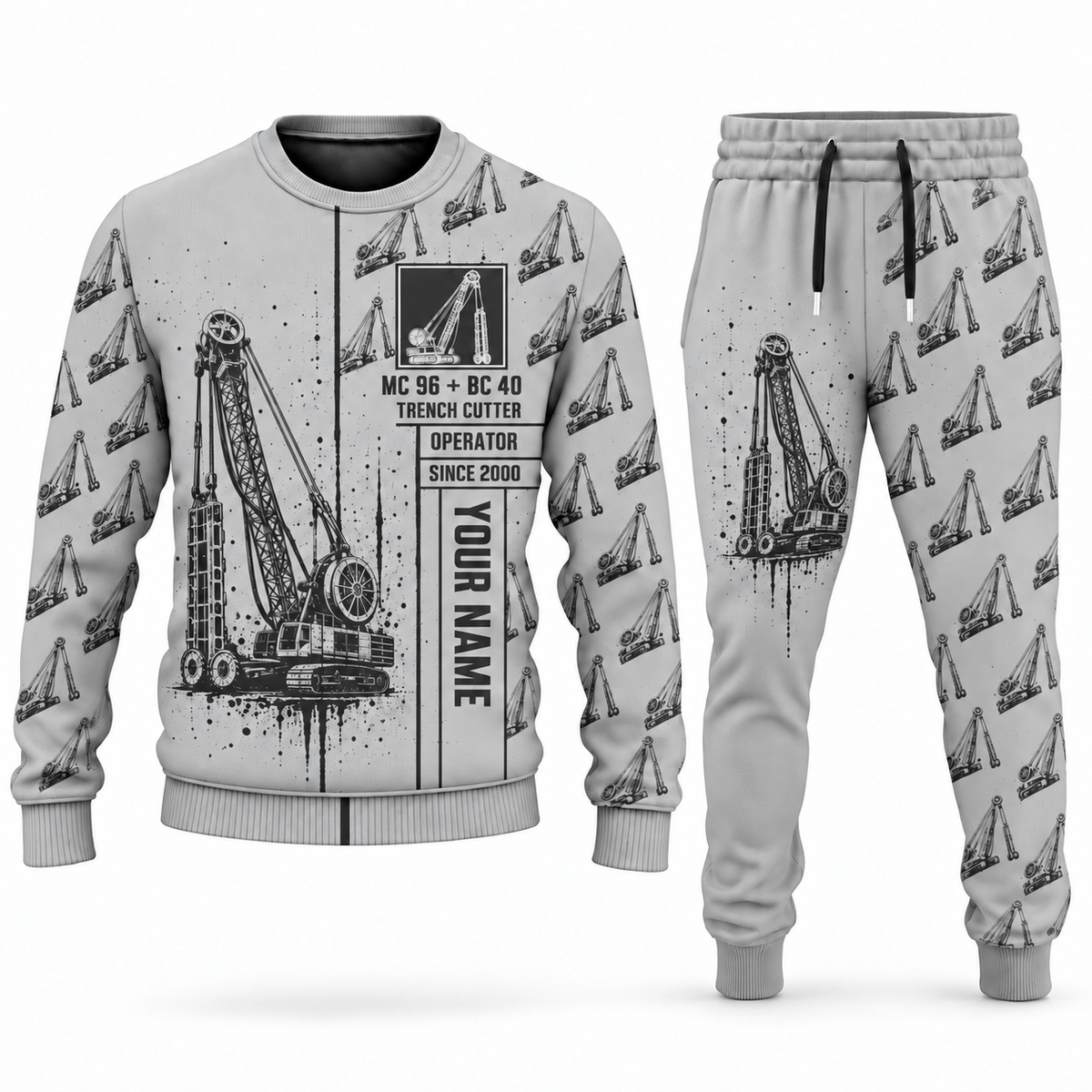 Personalized Bauer MC 96 with BC 40 Diaphragm Wall Machine Combo Sweater + Jogger in lightgray, sweater and jogger artwork with YOUR NAME and SINCE 2000 sample text.