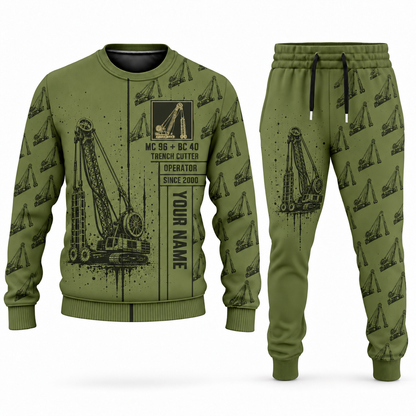 Personalized Bauer MC 96 with BC 40 Diaphragm Wall Machine Combo Sweater + Jogger in olive, sweater and jogger artwork with YOUR NAME and SINCE 2000 sample text.