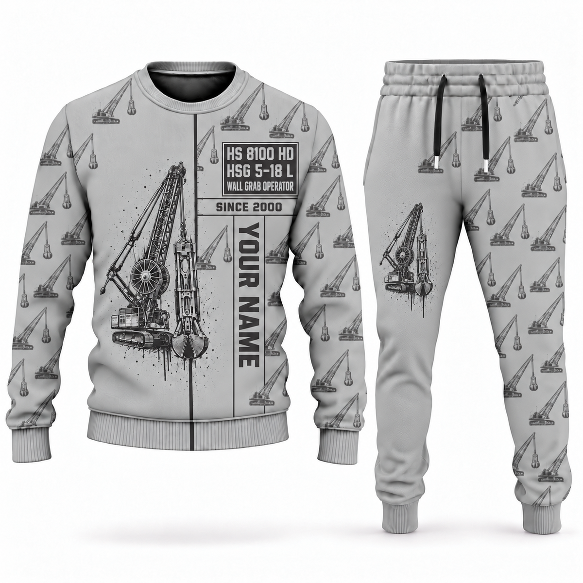 Personalized Liebherr HS 8100 HD with HSG 5-18 L Diaphragm Wall Machine Combo Sweater + Jogger in lightgray, sweater and jogger artwork with YOUR NAME and SINCE 2000 sample text.