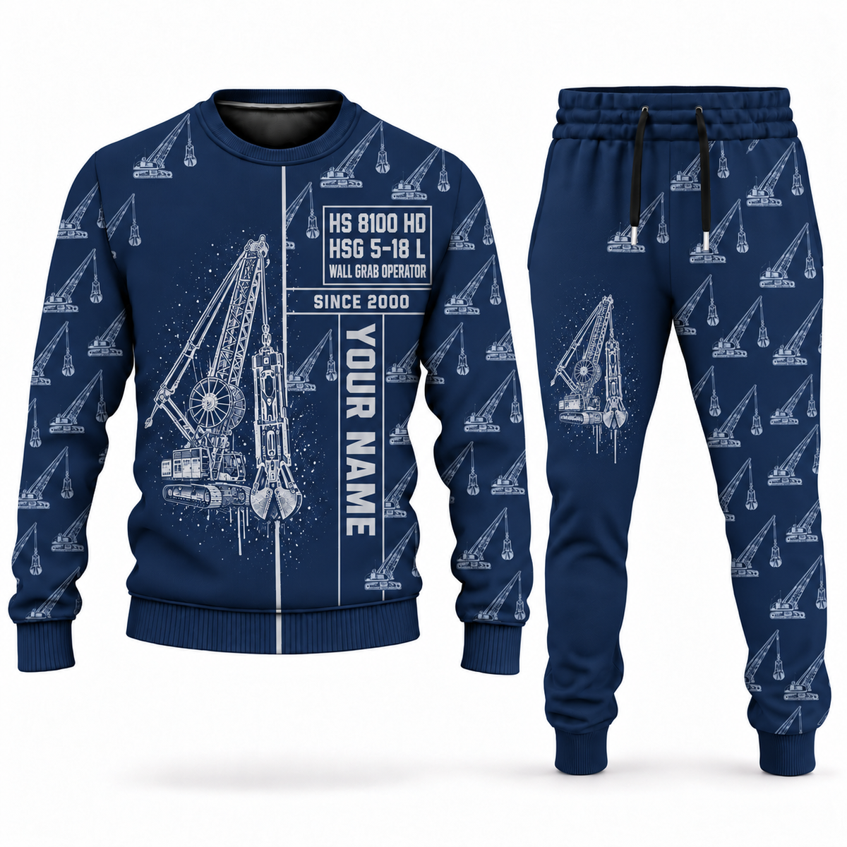 Personalized Liebherr HS 8100 HD with HSG 5-18 L Diaphragm Wall Machine Combo Sweater + Jogger in navy, sweater and jogger artwork with YOUR NAME and SINCE 2000 sample text.