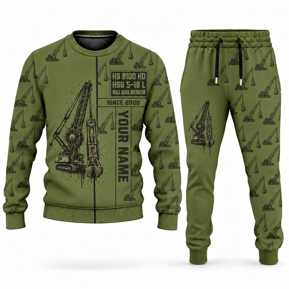 Personalized Liebherr HS 8100 HD with HSG 5-18 L Diaphragm Wall Machine Combo Sweater + Jogger in olive, sweater and jogger artwork with YOUR NAME and SINCE 2000 sample text.