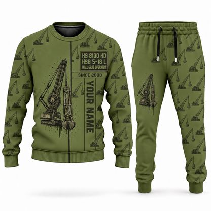 Personalized Liebherr HS 8100 HD with HSG 5-18 L Diaphragm Wall Machine Combo Sweater + Jogger in olive, sweater and jogger artwork with YOUR NAME and SINCE 2000 sample text.