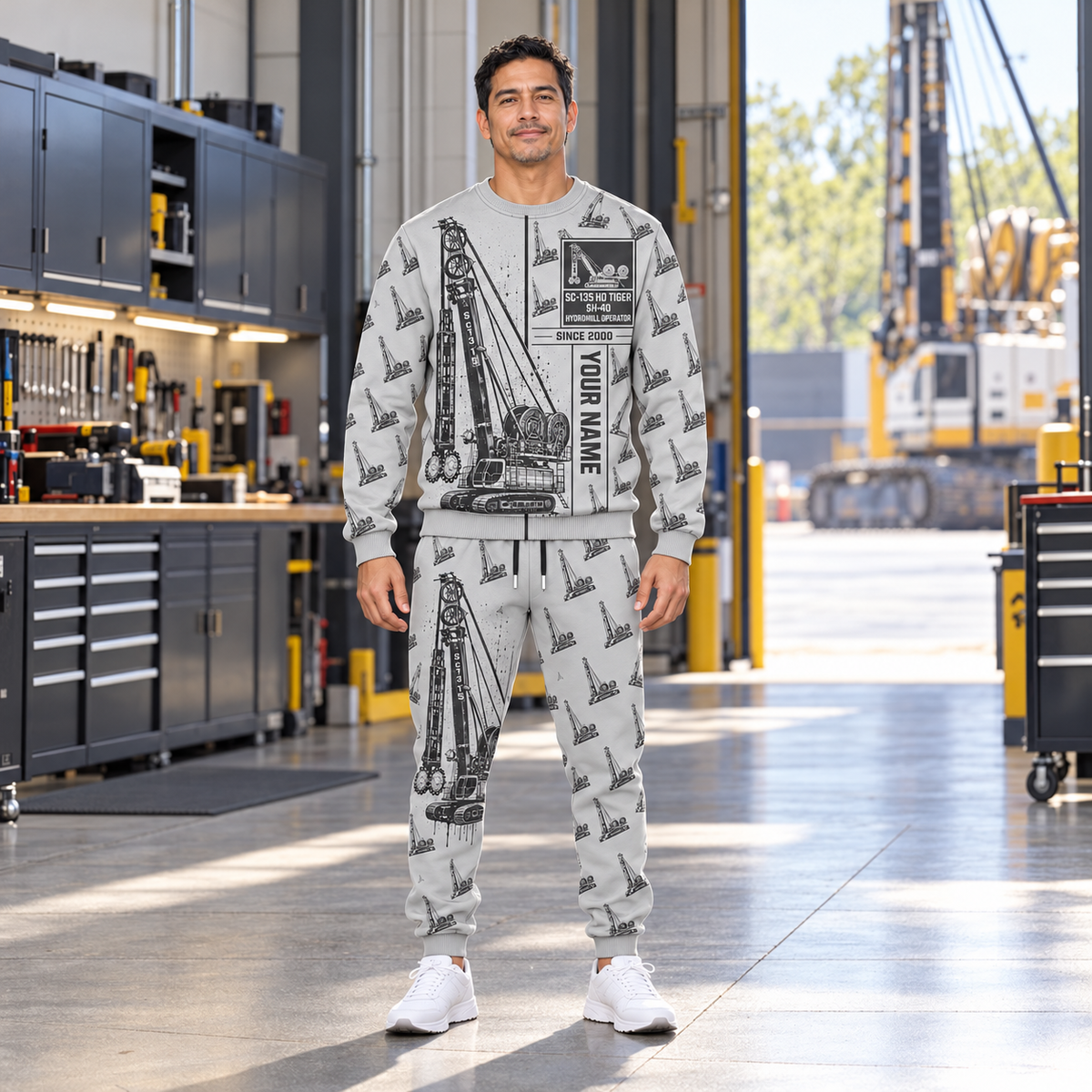 Personalized Soilmec SC-135 HD Tiger with SH-40 Diaphragm Wall Machine Combo Sweater + Jogger in Light Gray, sweater and jogger artwork with YOUR NAME and SINCE 2000 sample text.