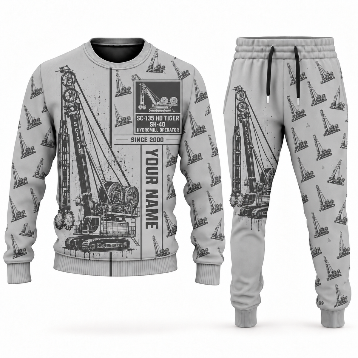 Personalized Soilmec SC-135 HD Tiger with SH-40 Diaphragm Wall Machine Combo Sweater + Jogger in lightgray, sweater and jogger artwork with YOUR NAME and SINCE 2000 sample text.