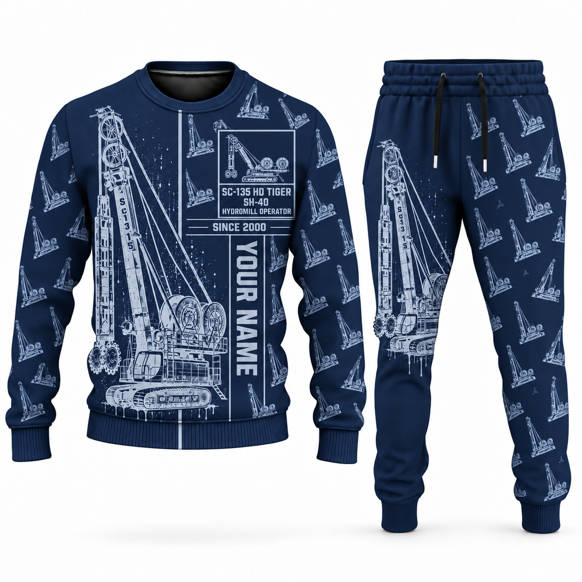 Personalized Soilmec SC-135 HD Tiger with SH-40 Diaphragm Wall Machine Combo Sweater + Jogger in navy, sweater and jogger artwork with YOUR NAME and SINCE 2000 sample text.