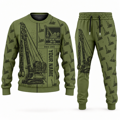 Personalized Soilmec SC-135 HD Tiger with SH-40 Diaphragm Wall Machine Combo Sweater + Jogger in olive, sweater and jogger artwork with YOUR NAME and SINCE 2000 sample text.