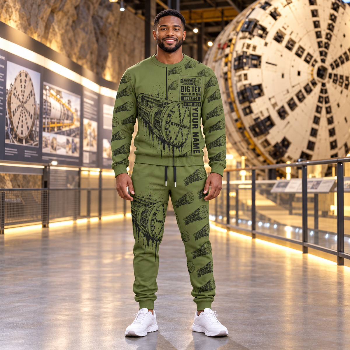 Personalized Robbins Main Beam TBM - Mill Creek Big Tex configuration Tunnel Boring Machine Combo Sweater + Jogger in Olive, sweater and jogger artwork with YOUR NAME and SINCE 2000 sample text.