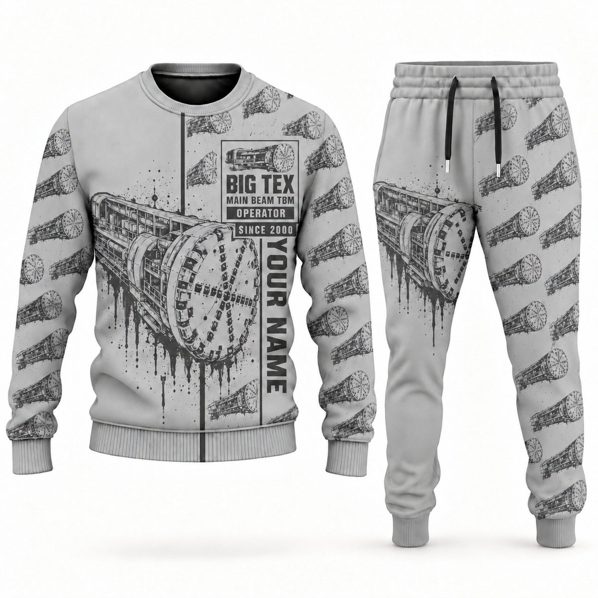 Personalized Robbins Main Beam TBM - Mill Creek Big Tex configuration Tunnel Boring Machine Combo Sweater + Jogger in lightgray, sweater and jogger artwork with YOUR NAME and SINCE 2000 sample text.