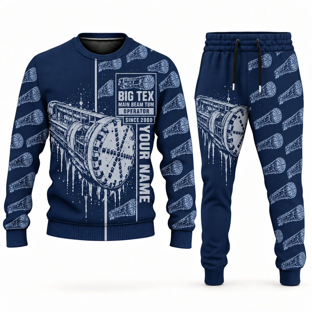 Personalized Robbins Main Beam TBM - Mill Creek Big Tex configuration Tunnel Boring Machine Combo Sweater + Jogger in navy, sweater and jogger artwork with YOUR NAME and SINCE 2000 sample text.